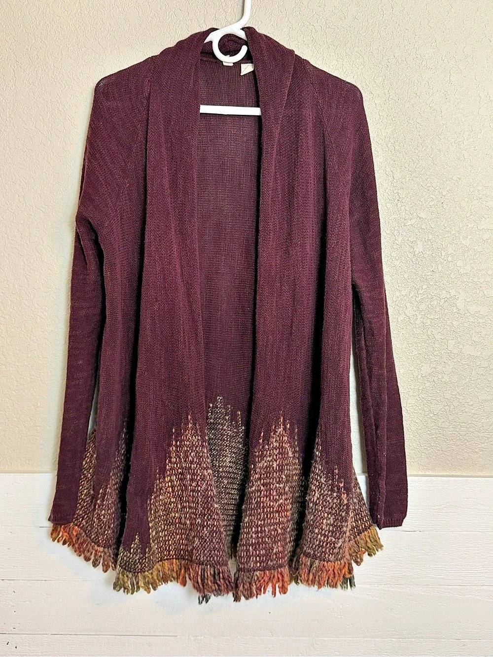 Moth Cardigan Burgundy Womens XL Open Front Fringe Hem Boho Anthropologie